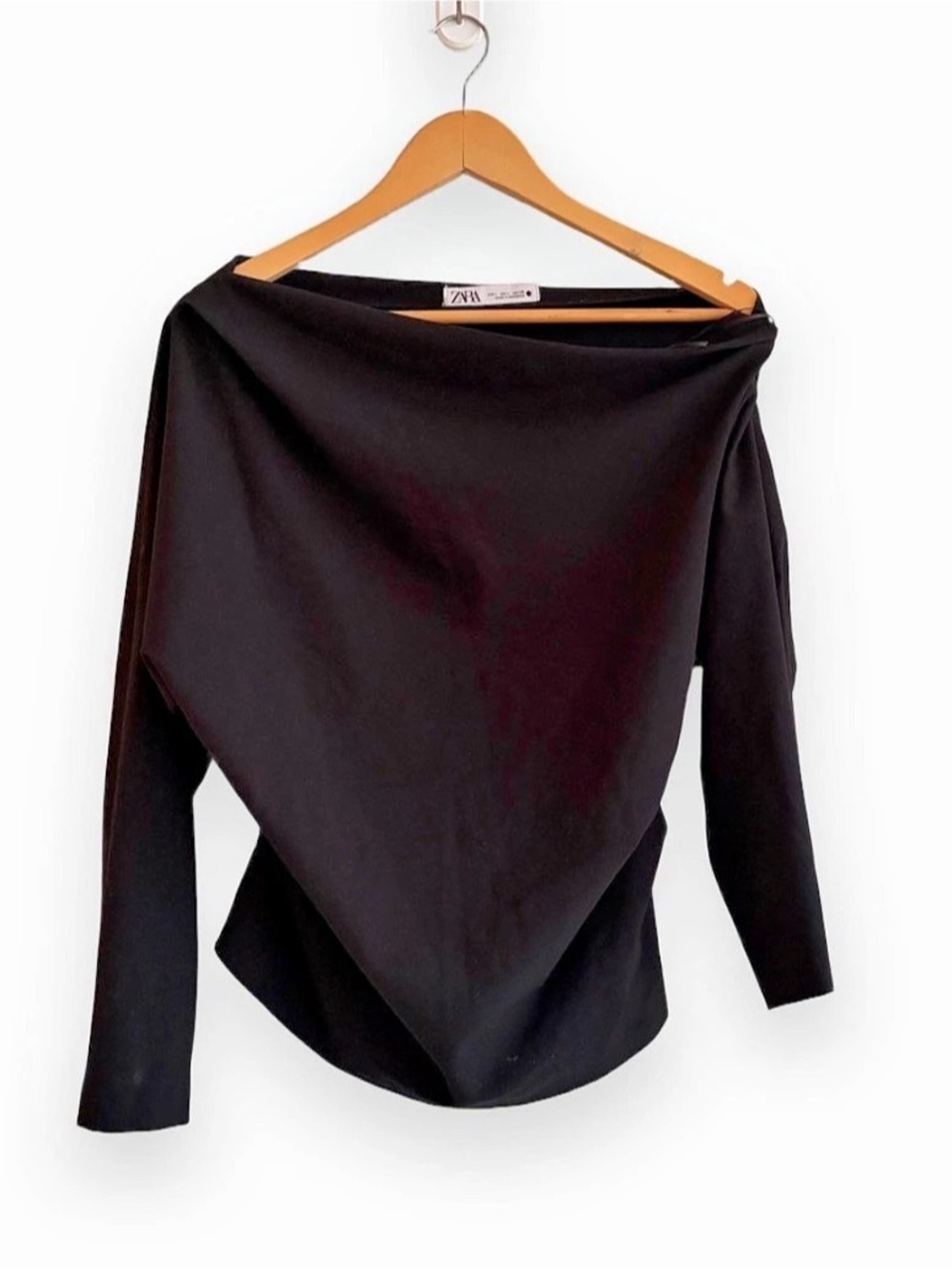 ZARA Asymmetrical Draped Top Black Long Sleeve Top